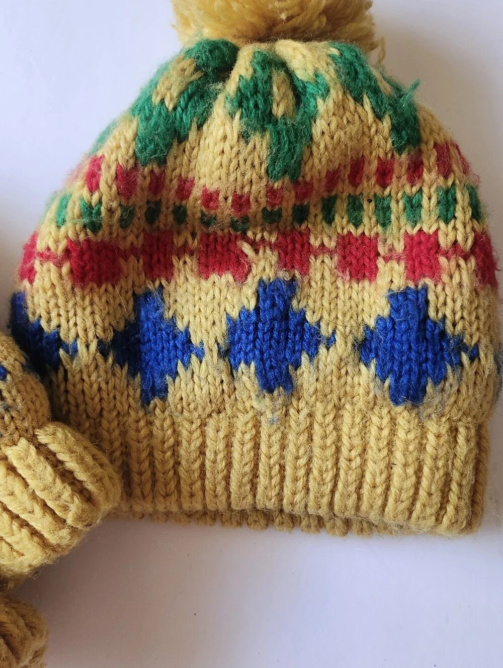 Yellow Knit Pom Pom Hat and Mittens Set for Kids -Pattern Made In JAPAN